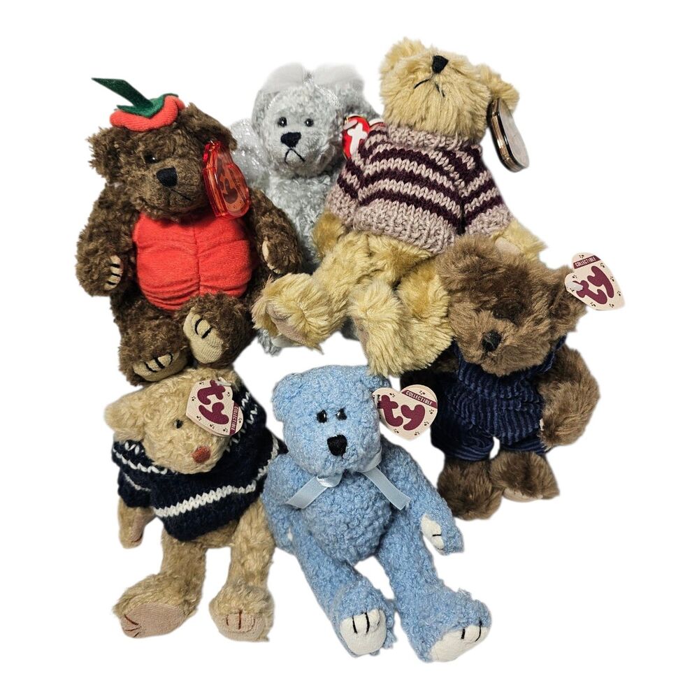 Vintage Ty Beanie Baby Attic Treasures Bear Plushies 8" Stuffed Animal Lot of 6